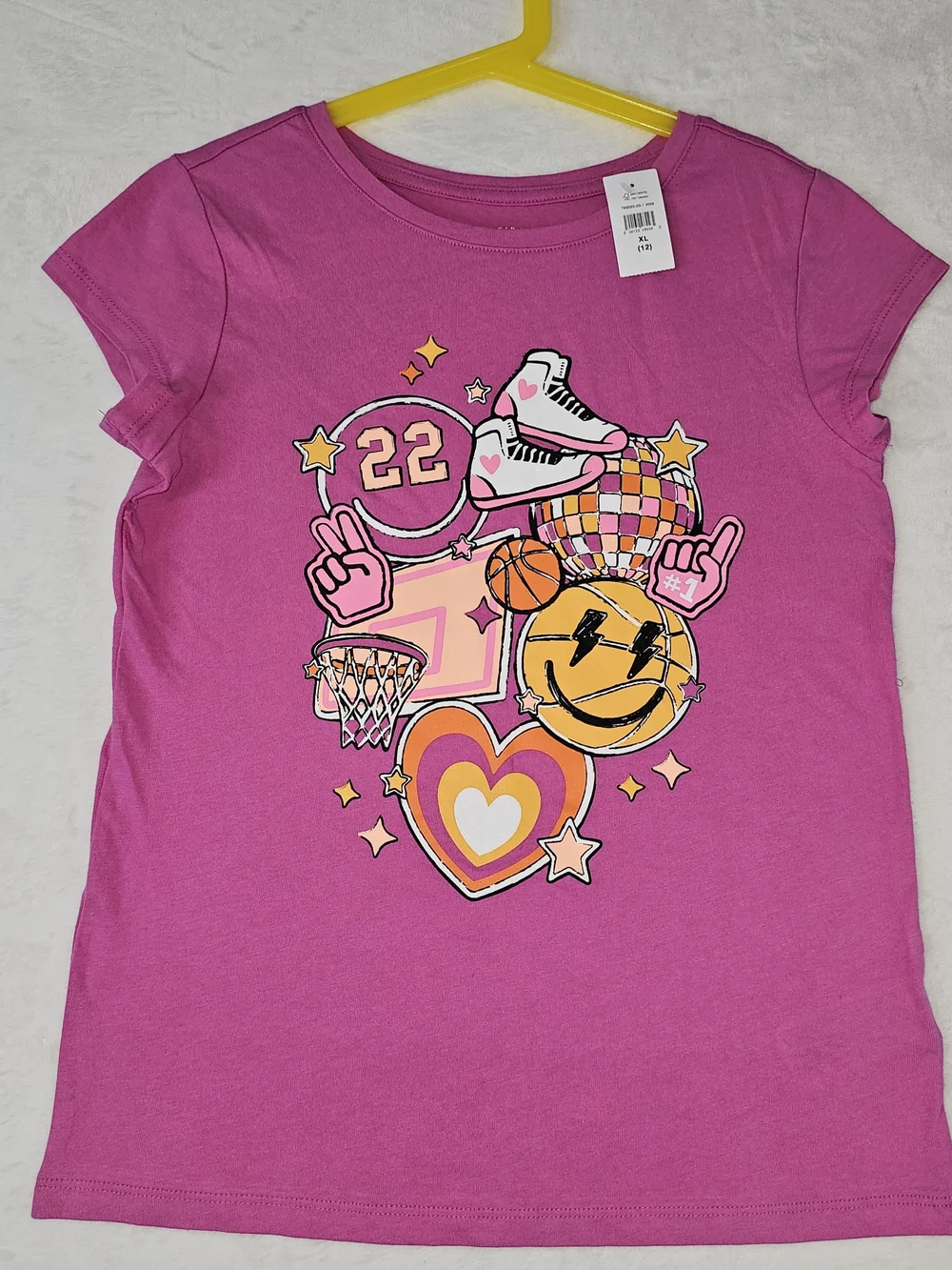 Gap Kids Girls XL 12 Pink Graphic Tee Shirt Basketball Smiley Heart Retro Sport